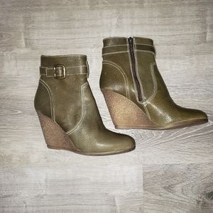 NARA SHOES Olive Leather Wedge  Booties